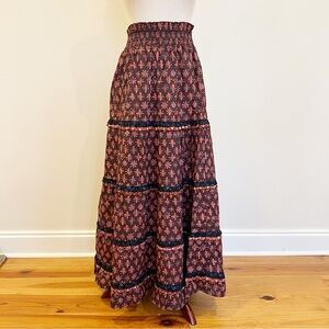 Anthropologie Skirt Womens Extra Small Brown Red Floral Maxi Ruffle Tiered Boho